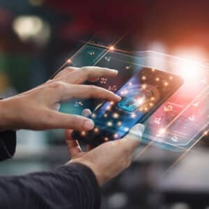 using smartphone, overlay graphic showing security and network
