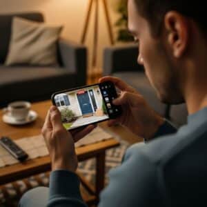 person checking a home security camera feed on their smartphone