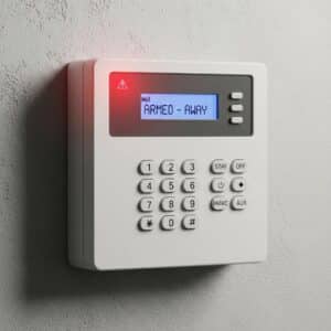 wall-mounted home alarm panel with a warning light