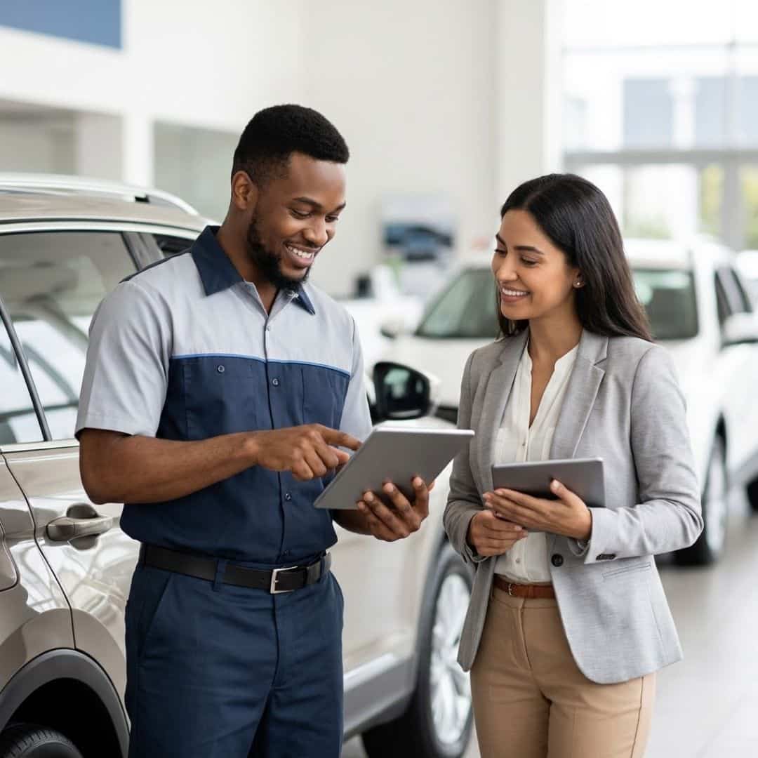 A professional photograph of a service advisor and a salesperson smiling while looking at their respective tablets in a bright showroom.