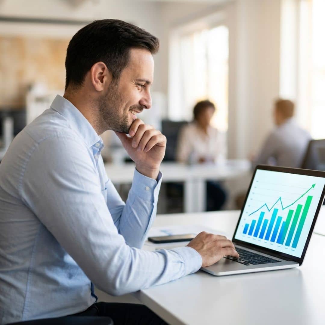 A professional photograph of a male manager smiling while reviewing positive call data charts on his laptop in a bright office.