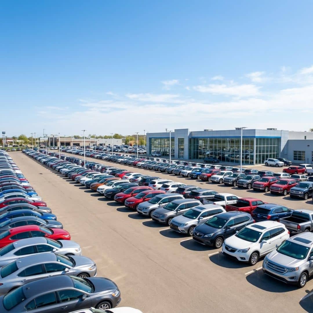 Outside view of a sprawling car lot, many vehicles lined up under a blue sky.