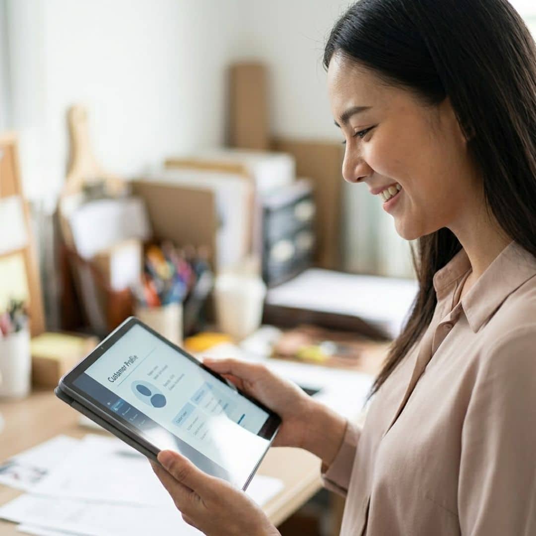 A small business owner in her naturally lit boutique smiles genuinely while viewing clear customer data insights on a sleek tablet.