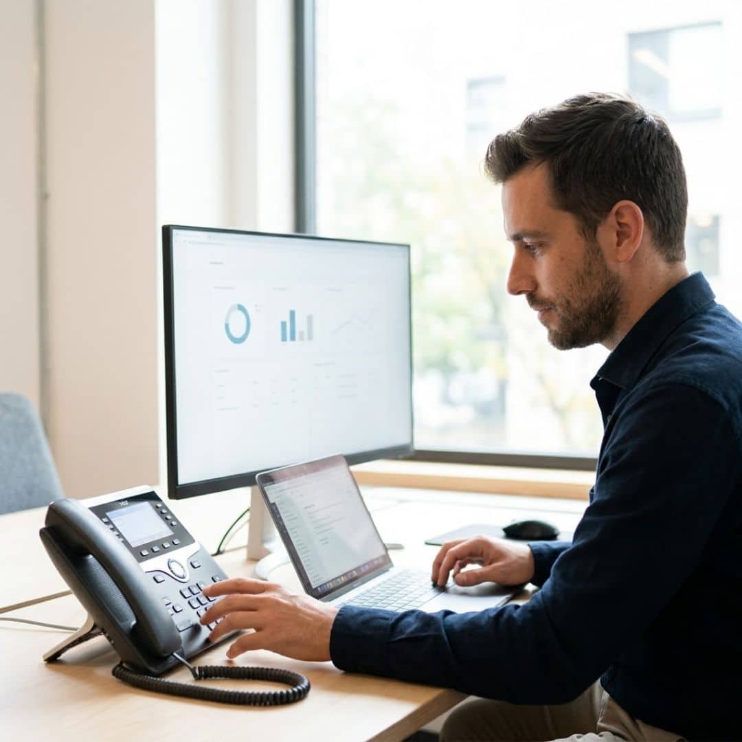 A focused professional works calmly in a bright, modern co-working space, managing multiple communication tasks efficiently.