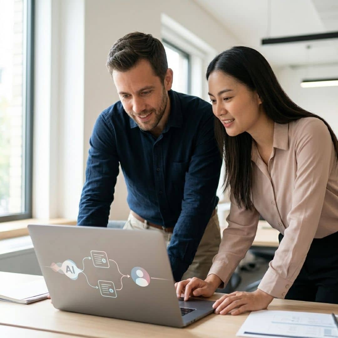 Two colleagues collaborate over a laptop in a bright, open-plan office, smiling slightly as they discuss a smooth data handoff diagram.