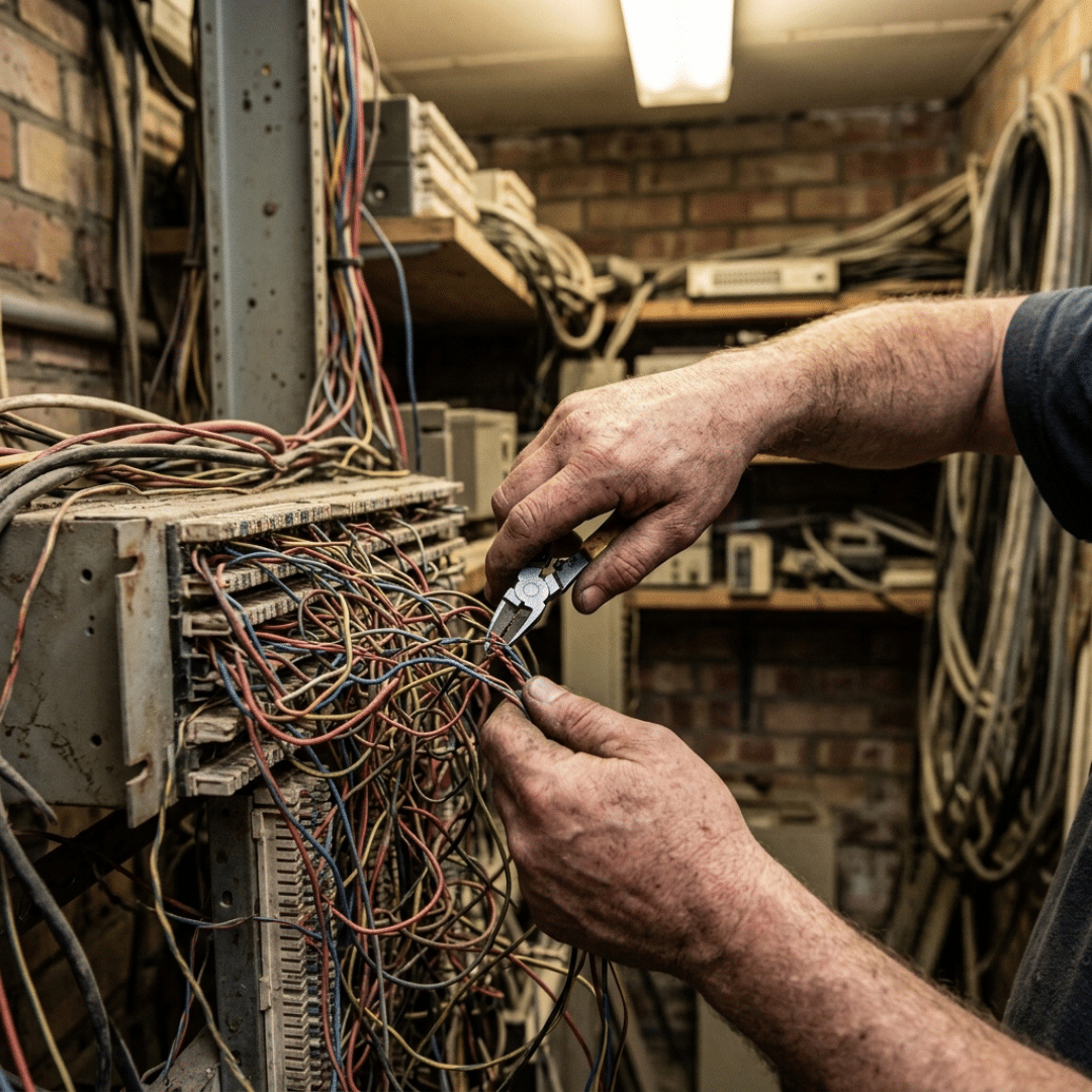 Tangled copper wires showing the maintenance challenges of legacy landlines.