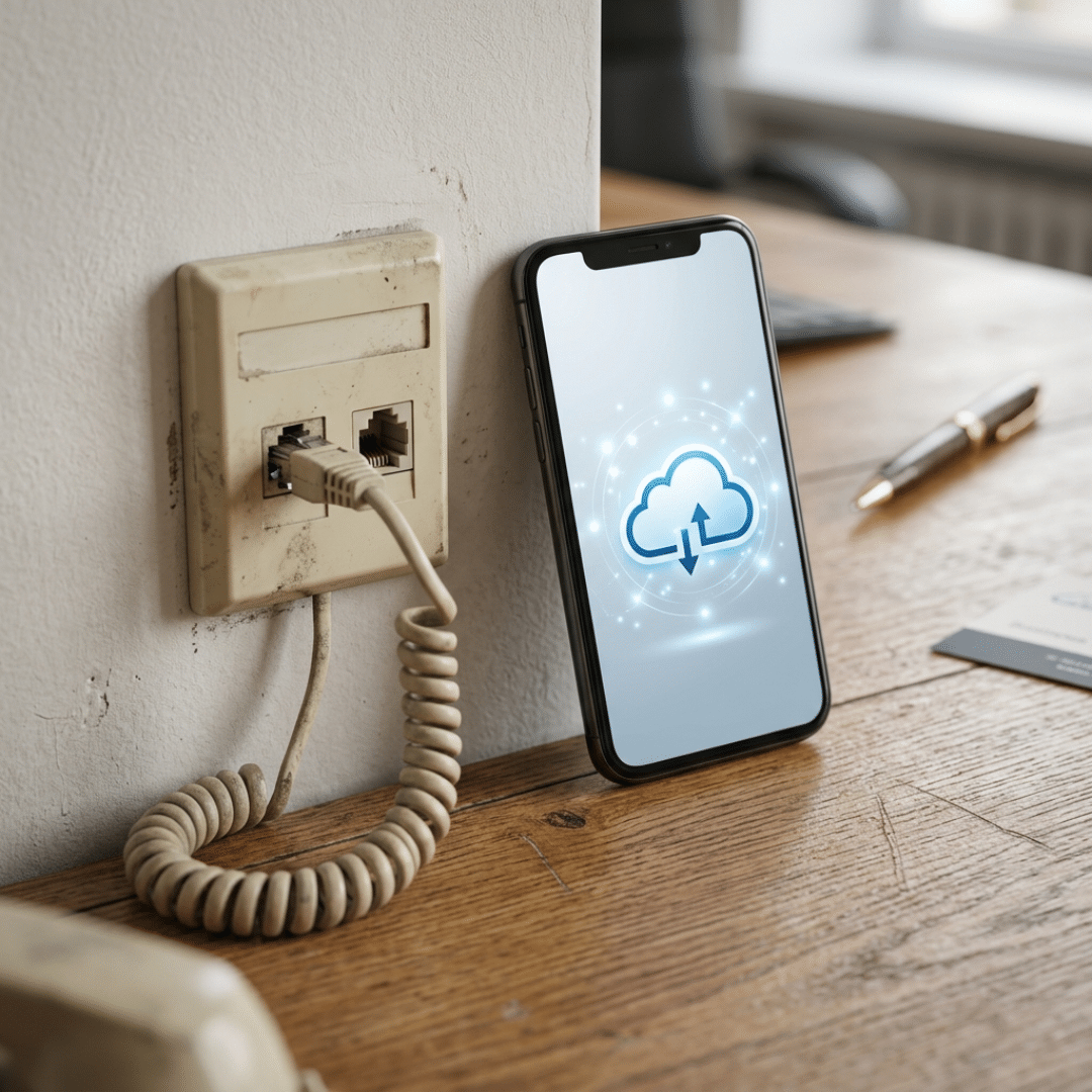Comparing physical phone jacks to modern cloud business communication.